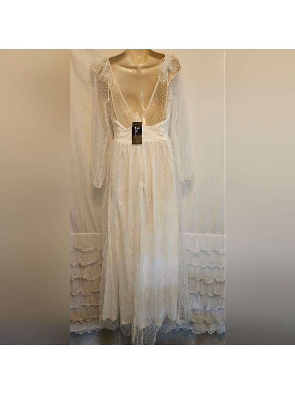 Missord White Dobby Mesh Ruffle Trim Sheer Maxi Dress Large - Picture 12 of 16